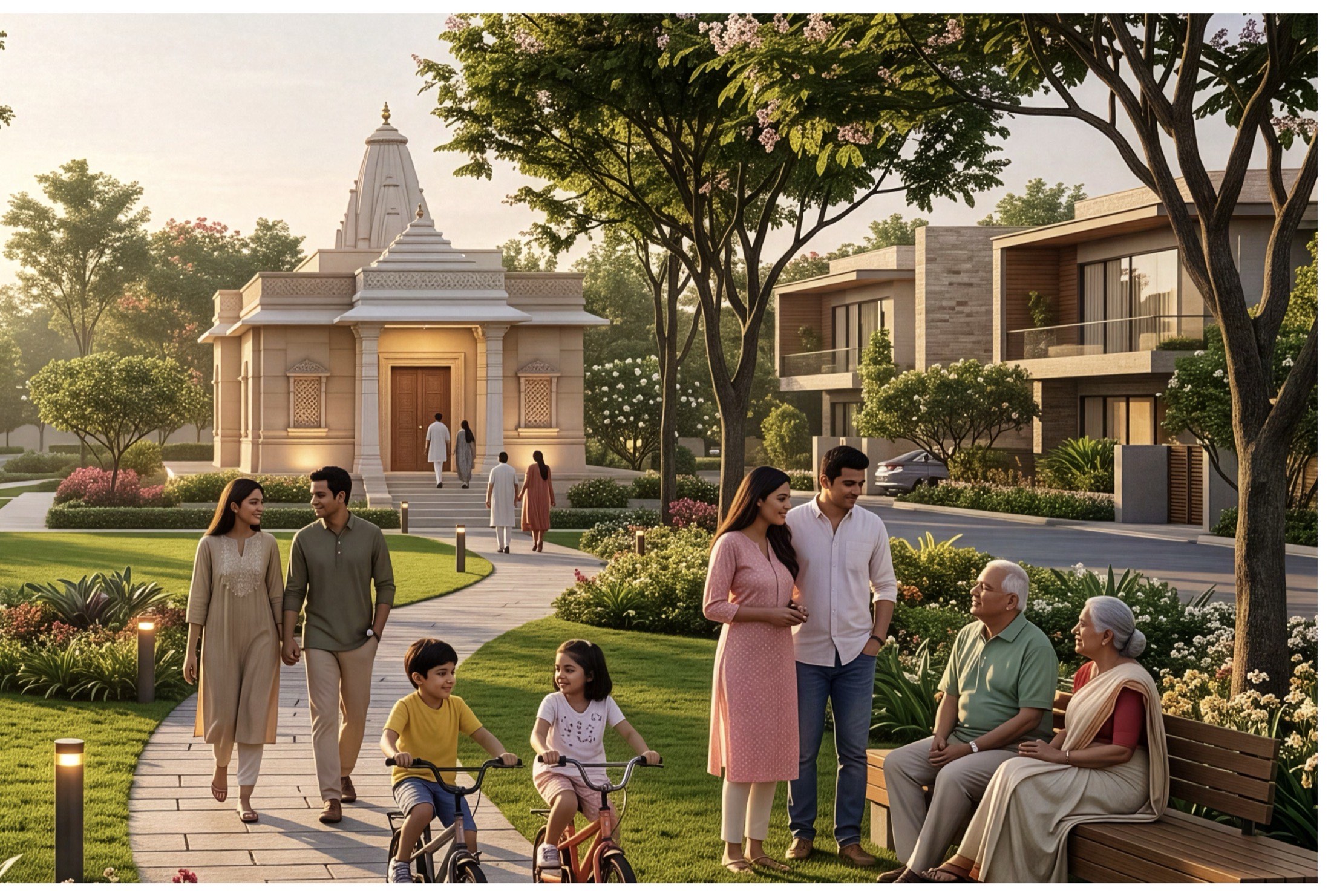 Families walking and cycling along a paved garden path at golden hour, past a stone temple set among flowering trees with row homes beyond.