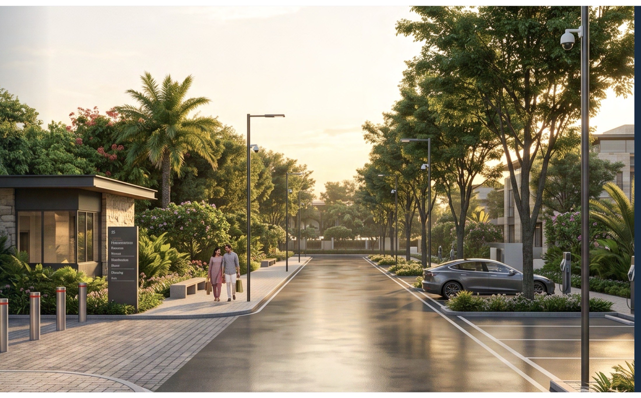 A wide internal avenue at dusk with a smart-entry gatehouse, retractable bollards, CCTV poles and a couple walking beneath tree canopy.