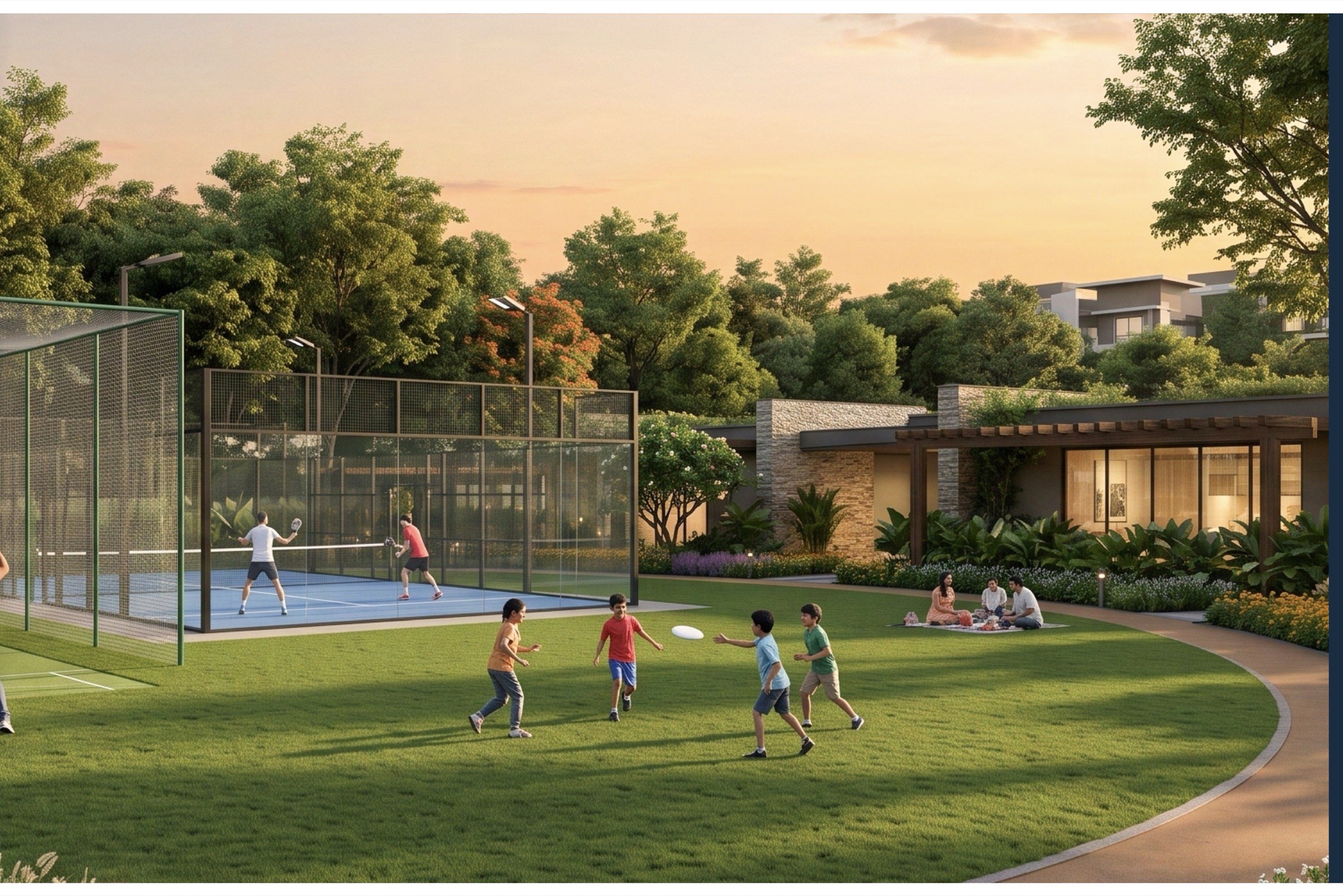 An evening sports green with a netted cricket box, a floodlit tennis court and children playing frisbee on the lawn beside a low clubhouse.