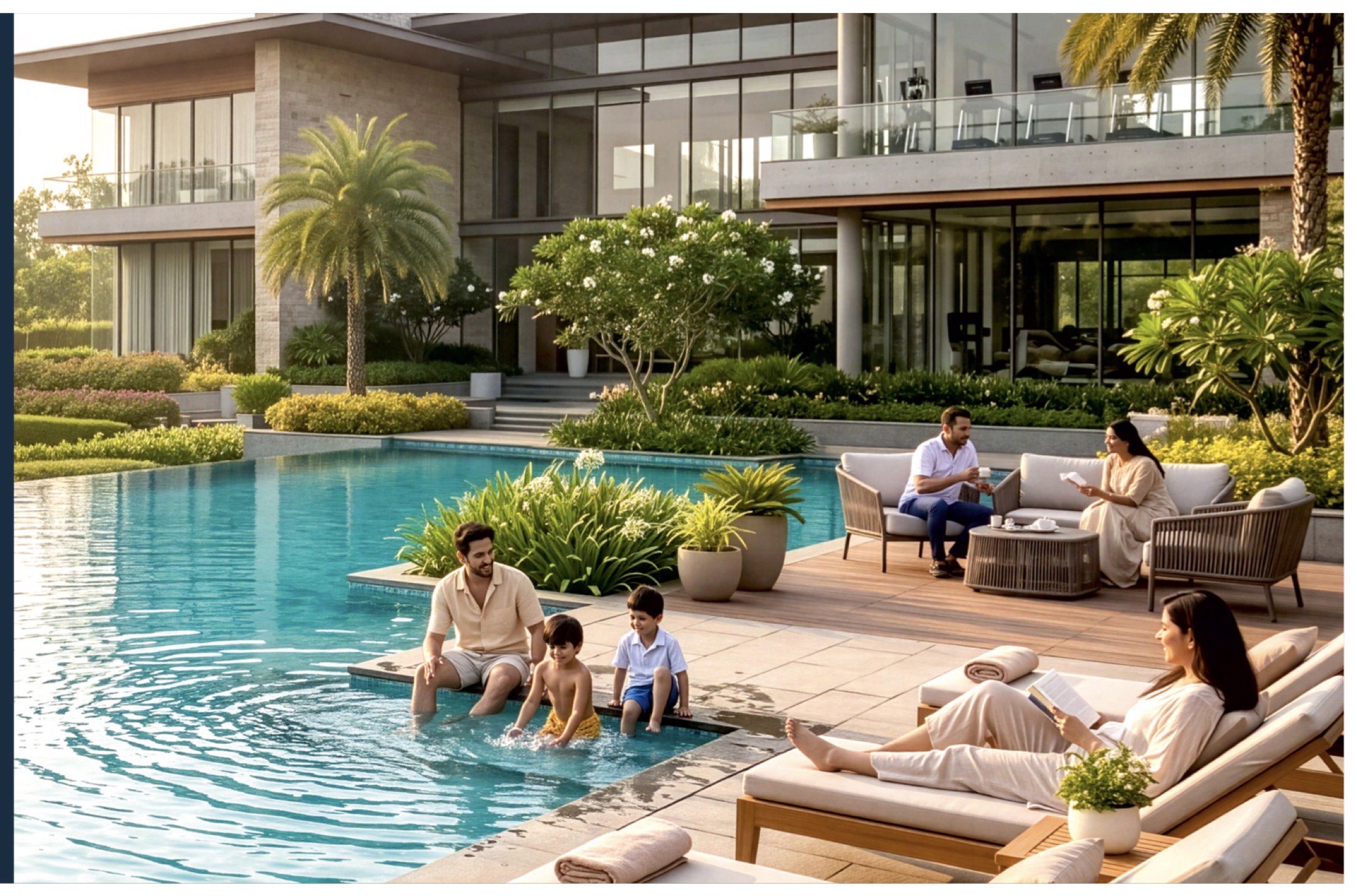 A family with two children sitting at the edge of a resort-style swimming pool in the late afternoon, with sun loungers, palms and a glass-fronted clubhouse behind.