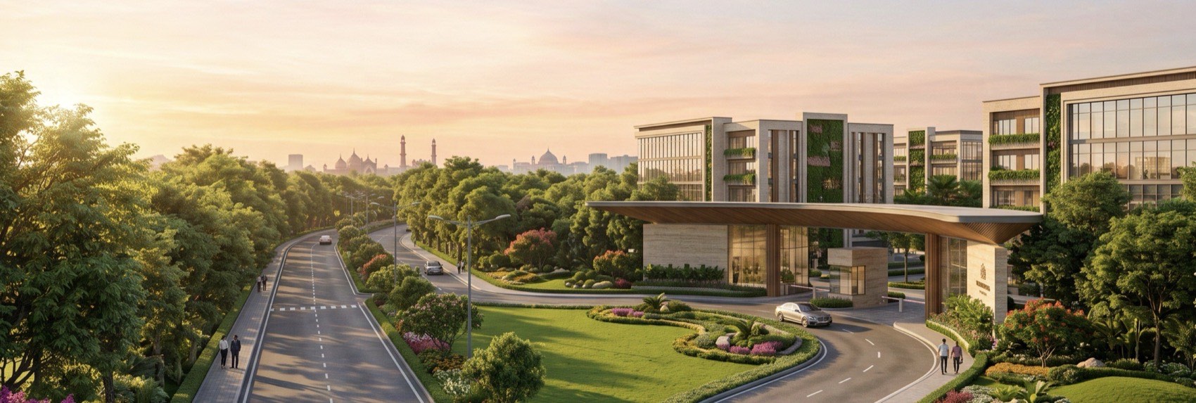 Golden-hour render of a tree-lined arrival boulevard curving past low-rise glass and stone office buildings, with manicured lawns and a landscaped roundabout.