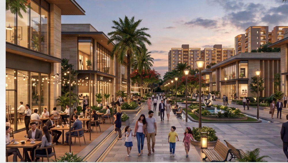 An evening view of a pedestrian retail street lined with lit shopfronts, cafe awnings and palms, with people walking along a wide paved promenade.