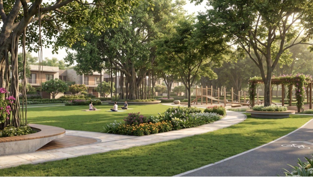 A landscaped park with curving stone pathways, clipped lawns and mature shade trees running between low-rise residences.