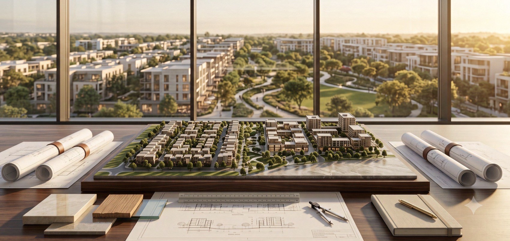An architectural scale model of a low-rise township on a walnut desk beside rolled drawings, stone and timber material samples and a pair of dividers, with the built township visible through floor-to-ceiling windows at sunset.