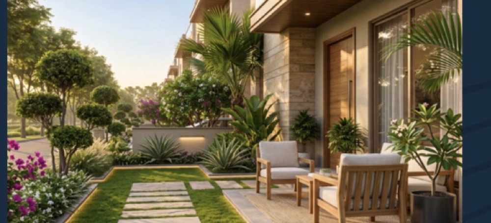 A landscaped private courtyard between row homes, with a lawn, ornamental planting and a shaded seating pavilion.