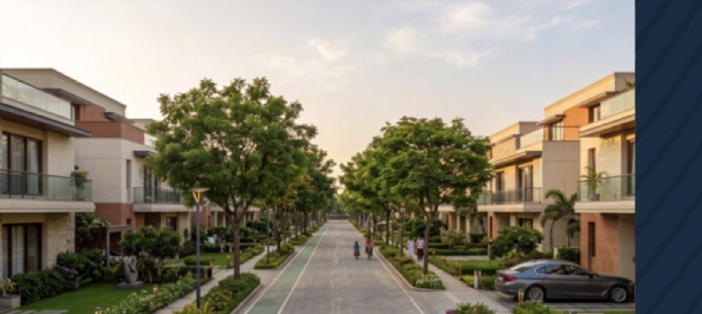 A planted green corridor running between two rows of homes, with young trees, low hedging and a paved walking path.