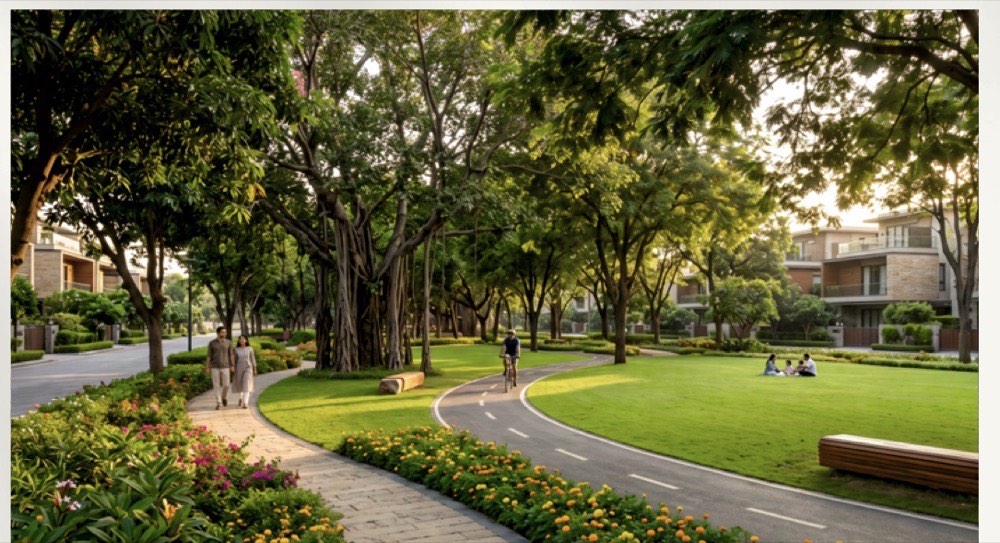 An open lawn edged by a curving footpath and mature shade trees, with low-rise homes set well back.
