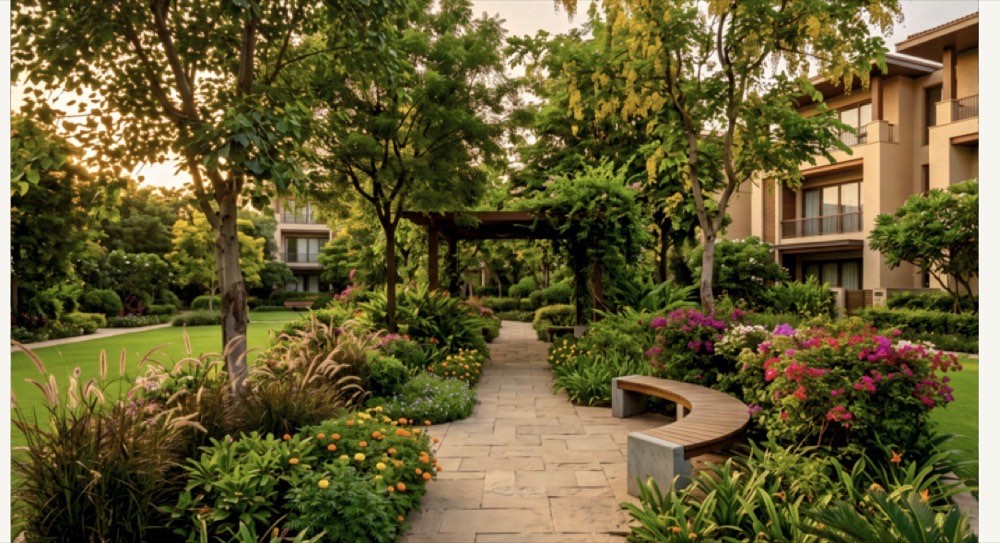 A garden path bordered by flowering native shrubs and ornamental grasses beneath established trees.