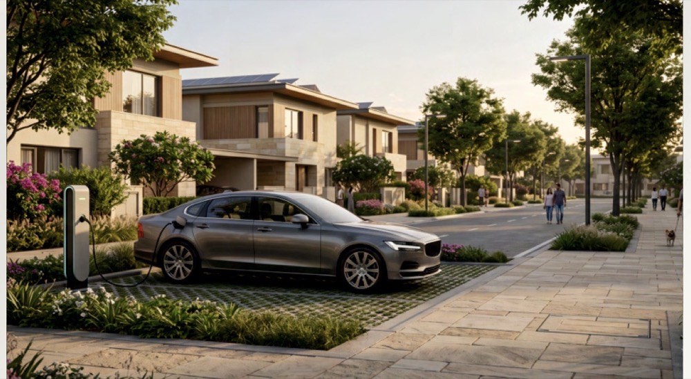 A quiet residential street with a parked car at a kerbside charging point, street lighting and planted verges.