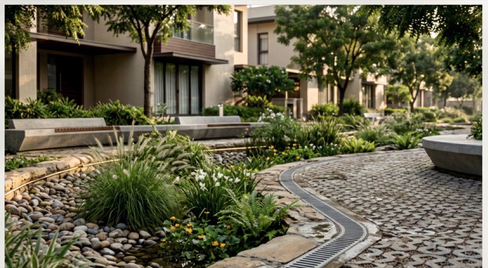 A paved courtyard with permeable stone banding, planted beds and a circular seating tree well.