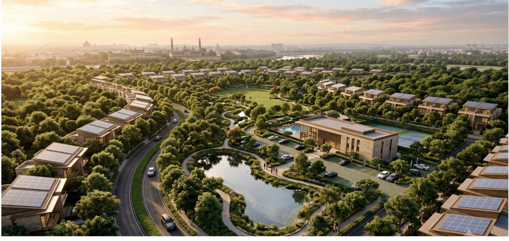 Aerial view of a low-density neighbourhood at dusk, with solar-panelled rooftops, a landscaped lake, curving roads and dense tree cover between homes.