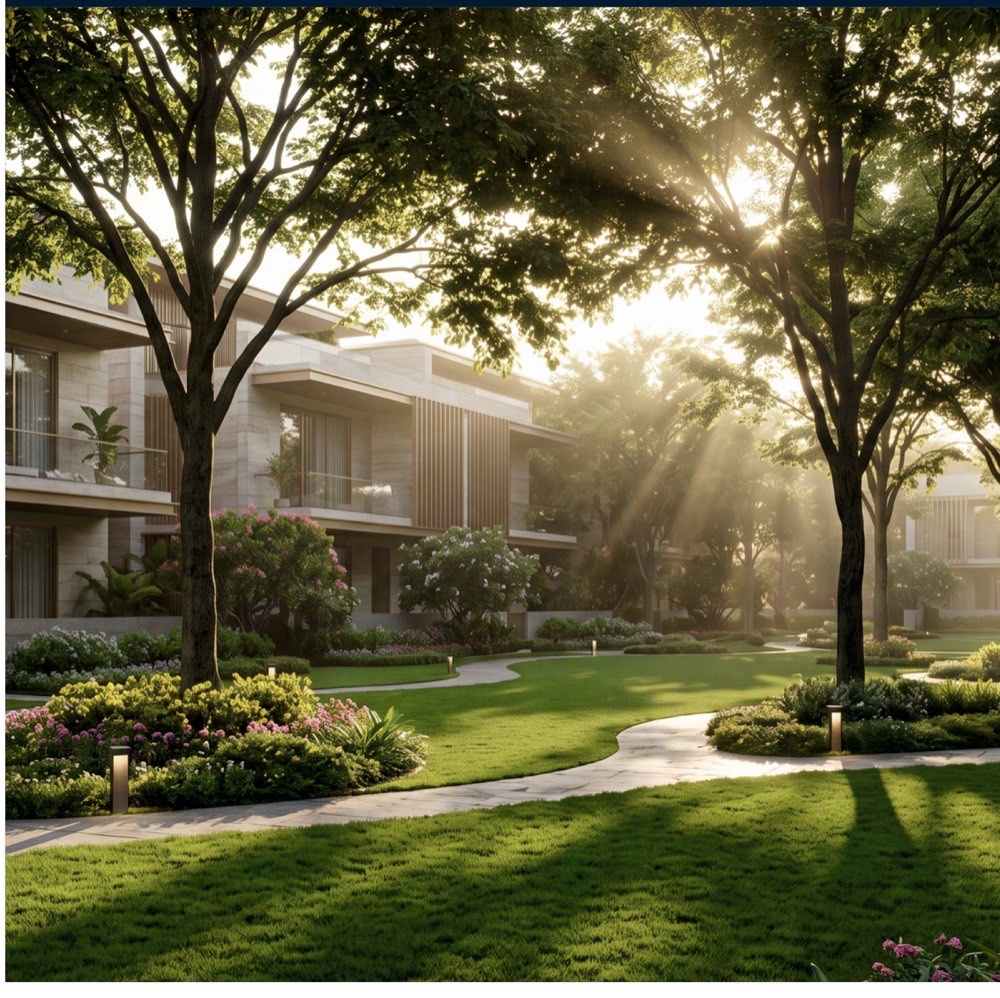 Morning sunlight filtering through tall trees onto a manicured lawn beside a low-rise residential block.